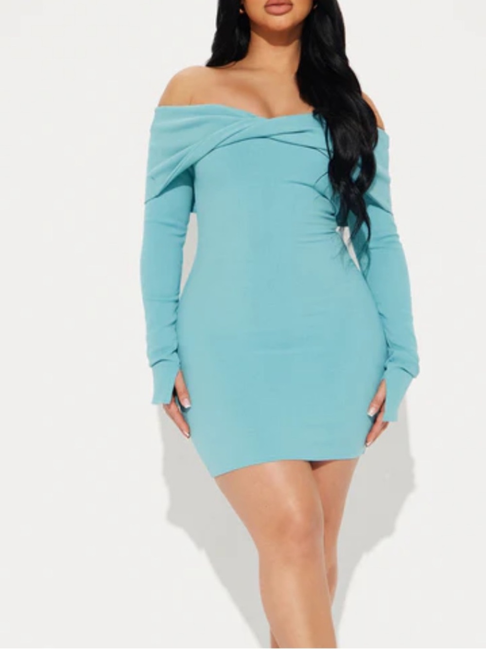 NWT Fashion Nova Vivianna Snatched Mini Dress Teal Blue Off The Shoulder XS